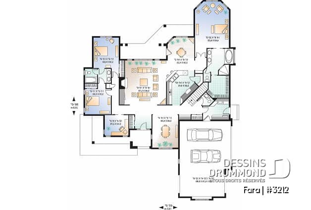Rez-de-chaussée - Plan de maison de style Floride, grande terrasse, 3 à 4 ch., garage triple, superbe patio arrière abrité - Fara