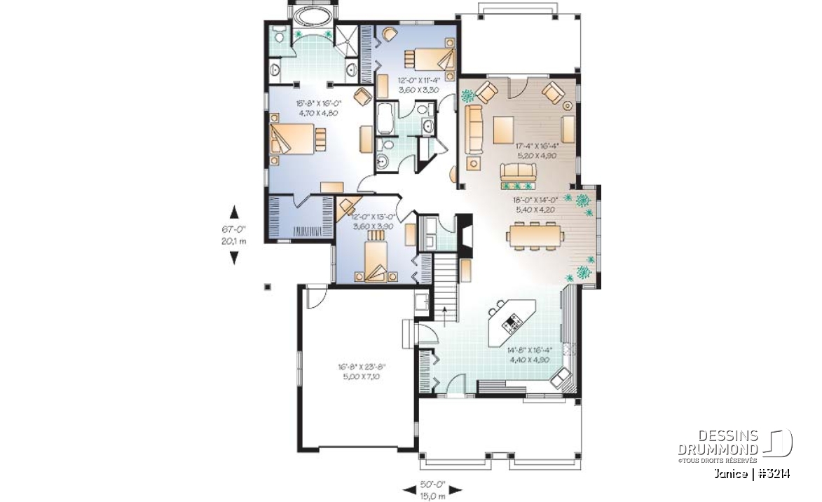 Rez-de-chaussée - Plan de bungalow champêtre avec garage, 3 chambres, 2.5 s.bain, 2 suites des maîtres avec s. bain privée - Janice