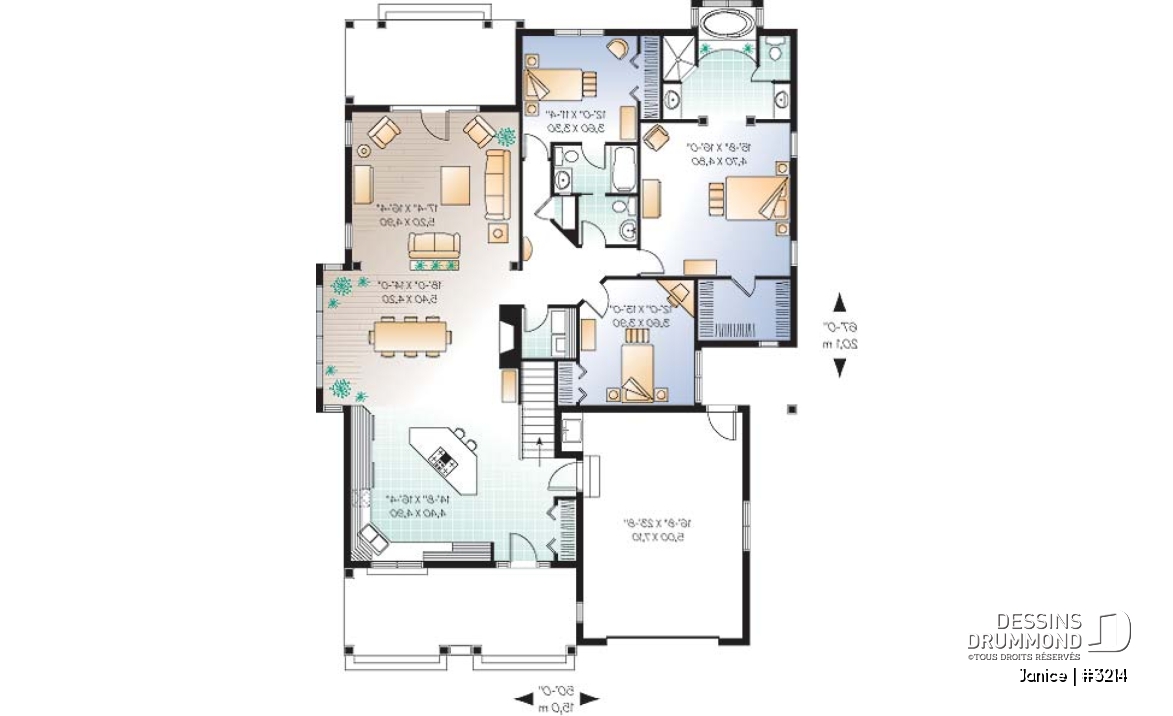 Rez-de-chaussée - Plan de bungalow champêtre avec garage, 3 chambres, 2.5 s.bain, 2 suites des maîtres avec s. bain privée - Janice