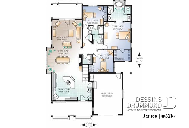 Rez-de-chaussée - Plan de bungalow champêtre avec garage, 3 chambres, 2.5 s.bain, 2 suites des maîtres avec s. bain privée - Janice