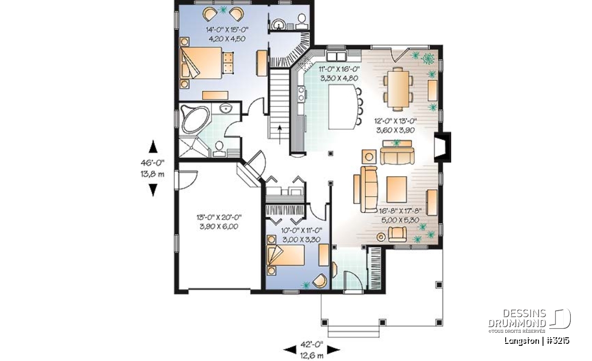 Rez-de-chaussée - Plan de plain-pied champêtre, garage, 2 chambres, 2 s.bain, grande suite des parents, plafond 9', foyer - Langston