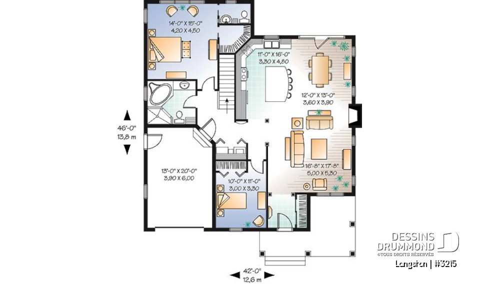 Rez-de-chaussée - Plan de plain-pied champêtre, garage, 2 chambres, 2 s.bain, grande suite des parents, plafond 9', foyer - Langston