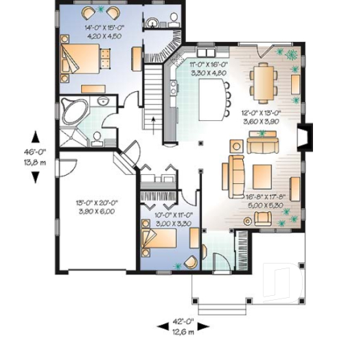 Rez-de-chaussée - Plan de plain-pied champêtre, garage, 2 chambres, 2 s.bain, grande suite des parents, plafond 9', foyer - Langston