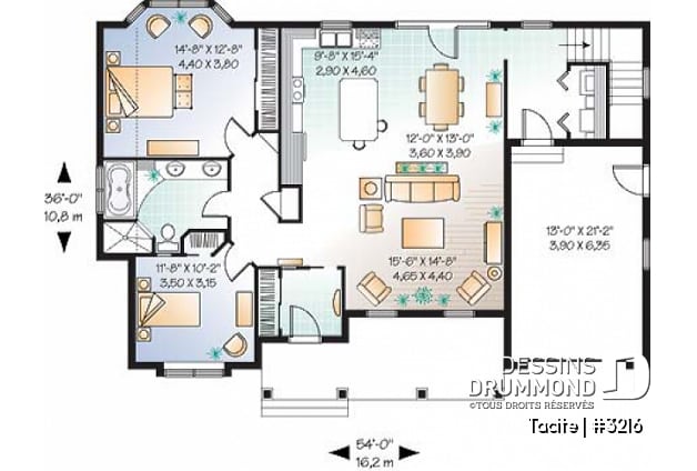 Rez-de-chaussée - Plan de bungalow champêtre 2 chambres, garage et triple porte-jardin, vestibule, îlot, buanderie, plafond 9' - Tacite