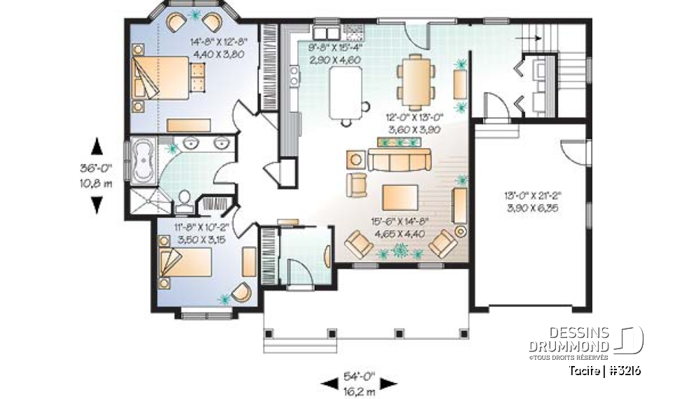 Rez-de-chaussée - Plan de bungalow champêtre 2 chambres, garage et triple porte-jardin, vestibule, îlot, buanderie, plafond 9' - Tacite