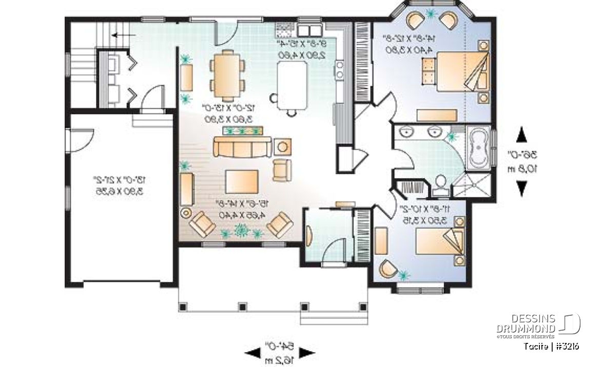 Rez-de-chaussée - Plan de bungalow champêtre 2 chambres, garage et triple porte-jardin, vestibule, îlot, buanderie, plafond 9' - Tacite