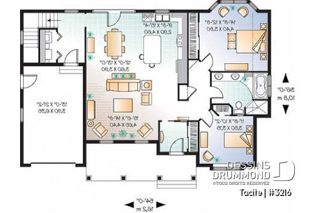 Rez-de-chaussée - Plan de bungalow champêtre 2 chambres, garage et triple porte-jardin, vestibule, îlot, buanderie, plafond 9' - Tacite