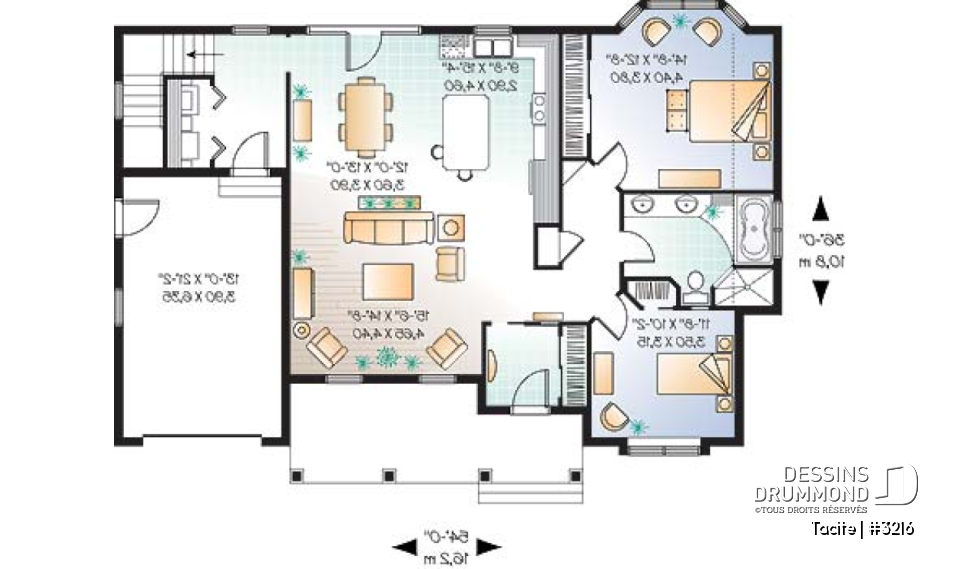 Rez-de-chaussée - Plan de bungalow champêtre 2 chambres, garage et triple porte-jardin, vestibule, îlot, buanderie, plafond 9' - Tacite