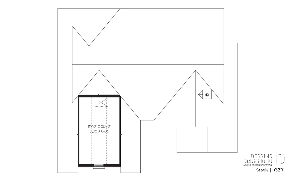 Rangement boni - Plan de plain-pied craftsman, 2 chambres, plafond cathédrale au séjour, garage double - Creole