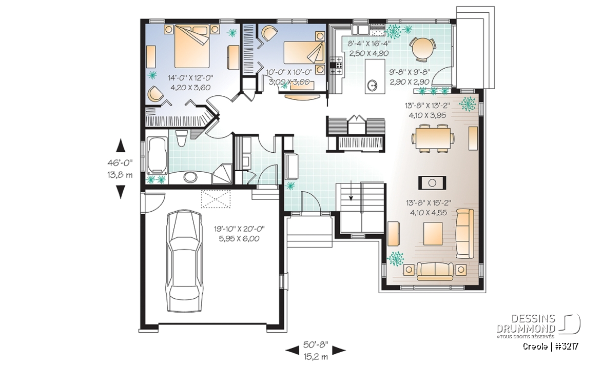 Rez-de-chaussée - Plan de plain-pied craftsman, 2 chambres, plafond cathédrale au séjour, garage double - Creole