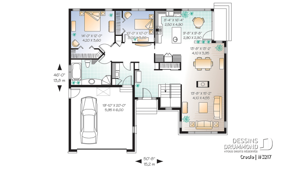 Rez-de-chaussée - Plan de plain-pied craftsman, 2 chambres, plafond cathédrale au séjour, garage double - Creole