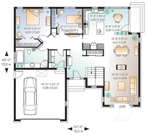 Rez-de-chaussée - Plan de plain-pied craftsman, 2 chambres, plafond cathédrale au séjour, garage double - Creole