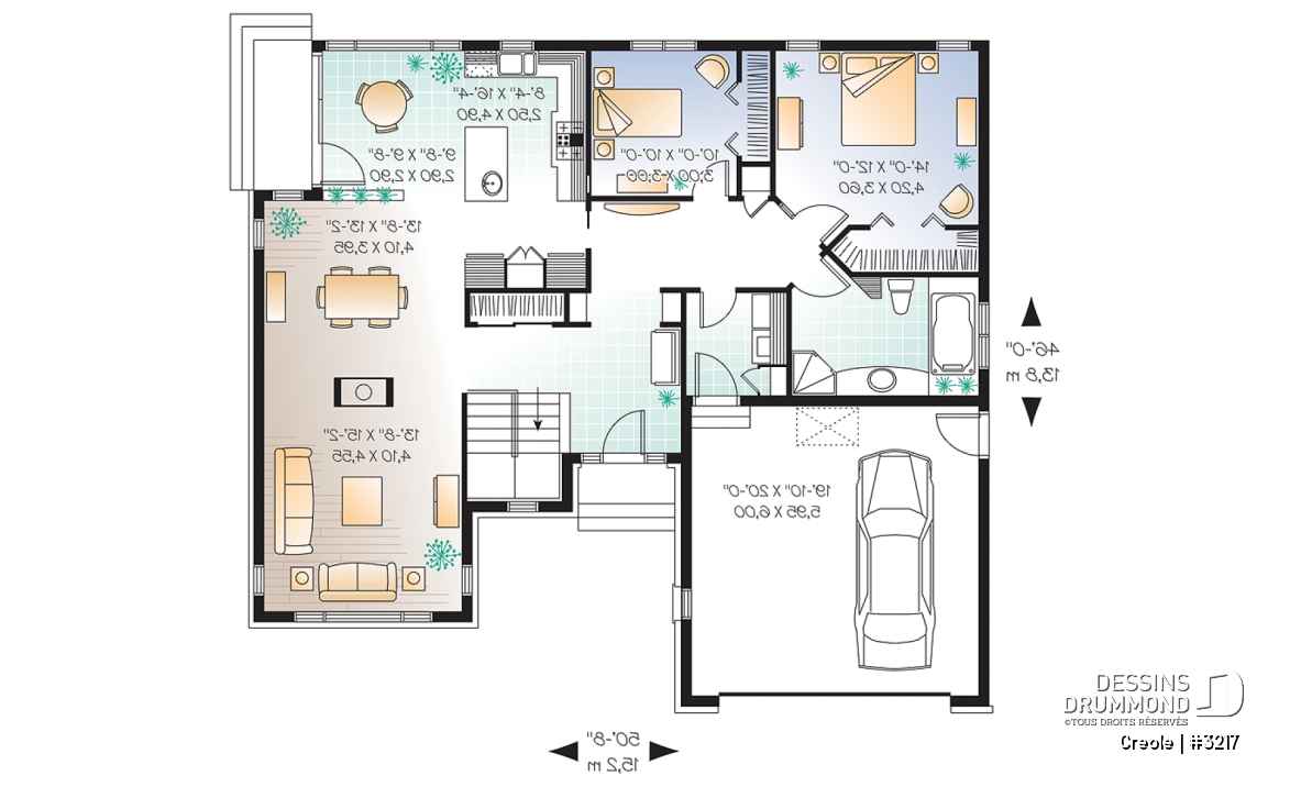 Rez-de-chaussée - Plan de plain-pied craftsman, 2 chambres, plafond cathédrale au séjour, garage double - Creole