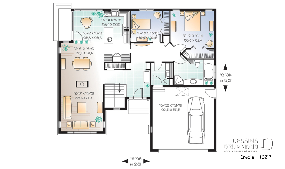 Rez-de-chaussée - Plan de plain-pied craftsman, 2 chambres, plafond cathédrale au séjour, garage double - Creole
