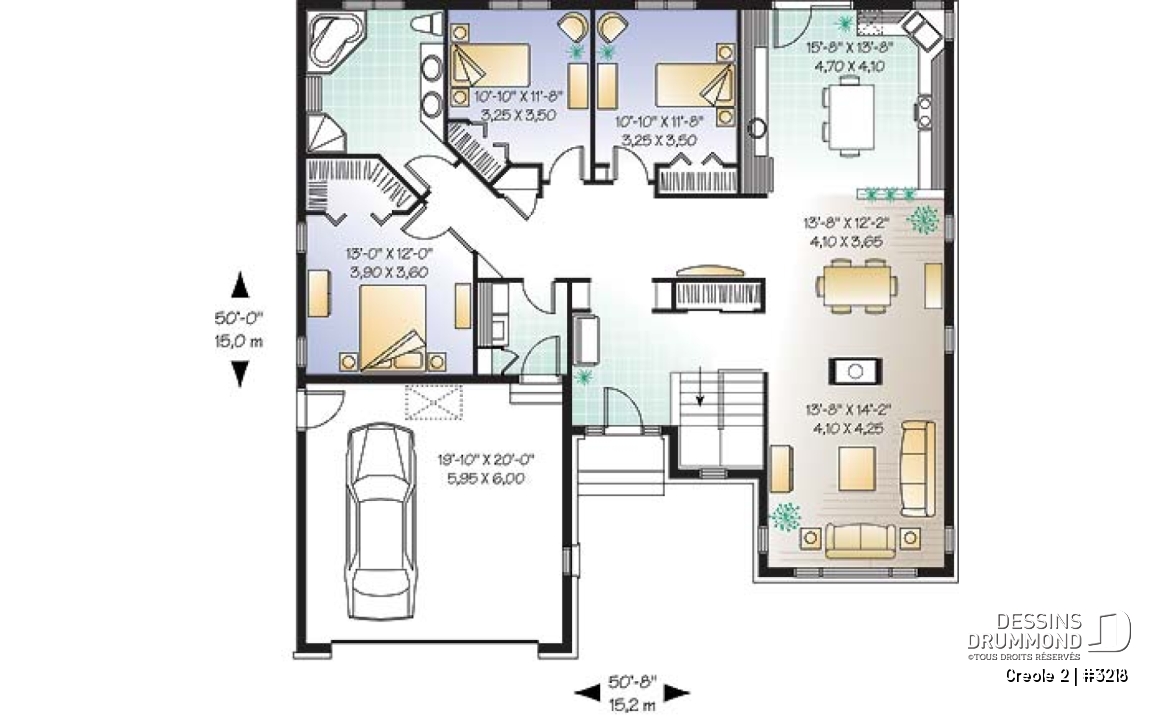 Rez-de-chaussée - Bungalow style rustique, 3 chambres, garage avec espace boni au-dessus - Creole 2