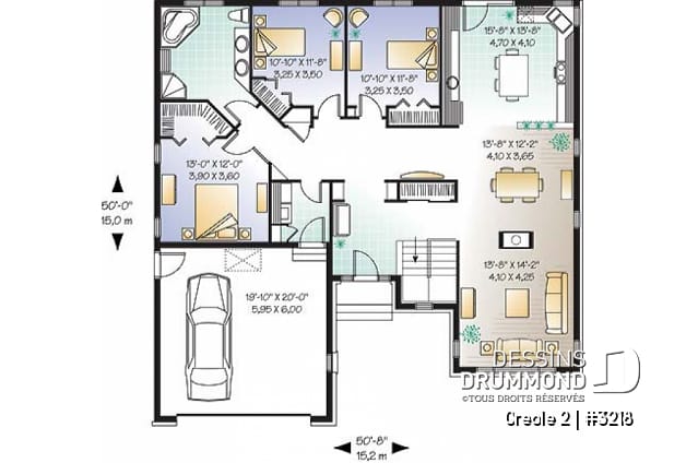 Rez-de-chaussée - Bungalow style rustique, 3 chambres, garage avec espace boni au-dessus - Creole 2