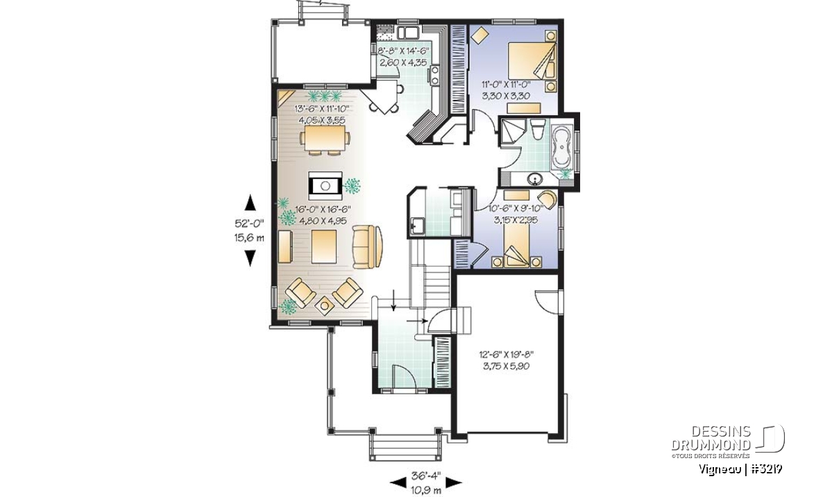 Rez-de-chaussée - Main Floor: Entry, living room, dining room, kitchen with lunch counter and pantry, two bedrooms, laundry room - Vigneau