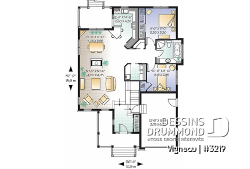 Rez-de-chaussée - Plan plain-pied champêtre, 2 chambres, foyer double face à la salle à dîner et salle familiale, buanderie - Vigneau
