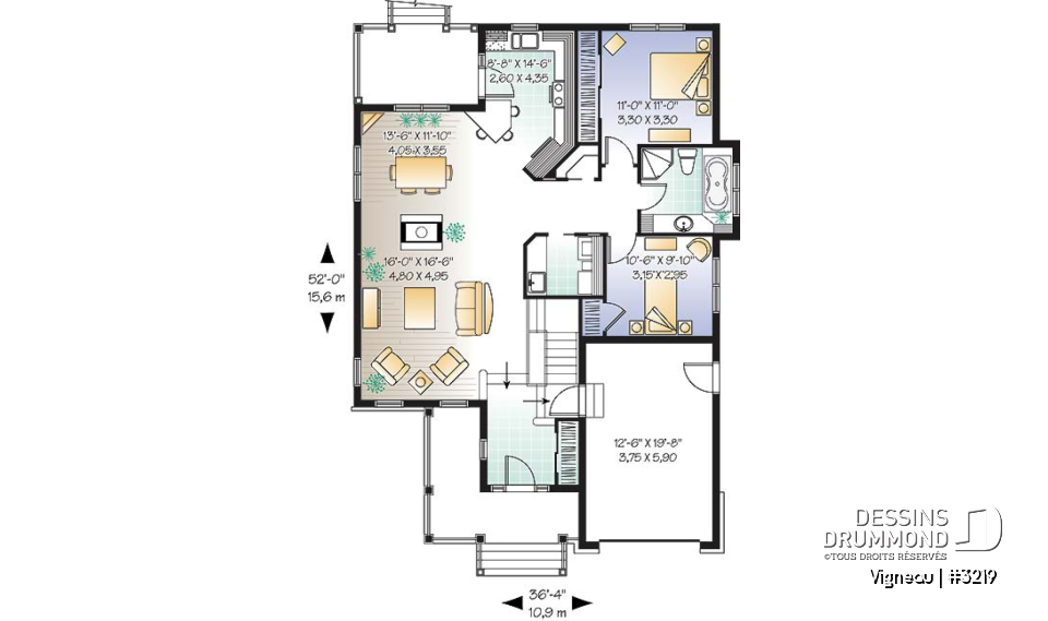 Rez-de-chaussée - Main Floor: Entry, living room, dining room, kitchen with lunch counter and pantry, two bedrooms, laundry room - Vigneau