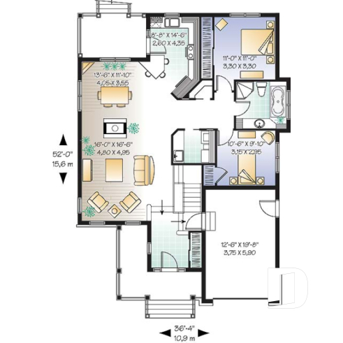 Rez-de-chaussée - Main Floor: Entry, living room, dining room, kitchen with lunch counter and pantry, two bedrooms, laundry room - Vigneau