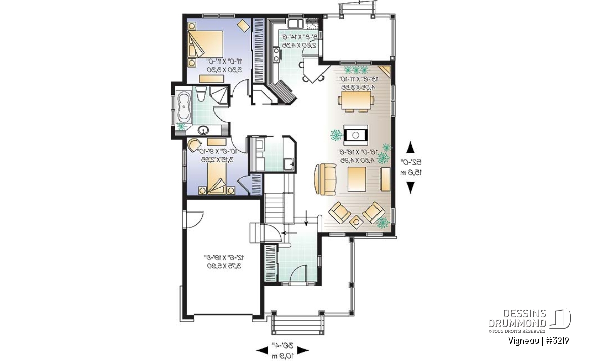 Rez-de-chaussée - Main Floor: Entry, living room, dining room, kitchen with lunch counter and pantry, two bedrooms, laundry room - Vigneau