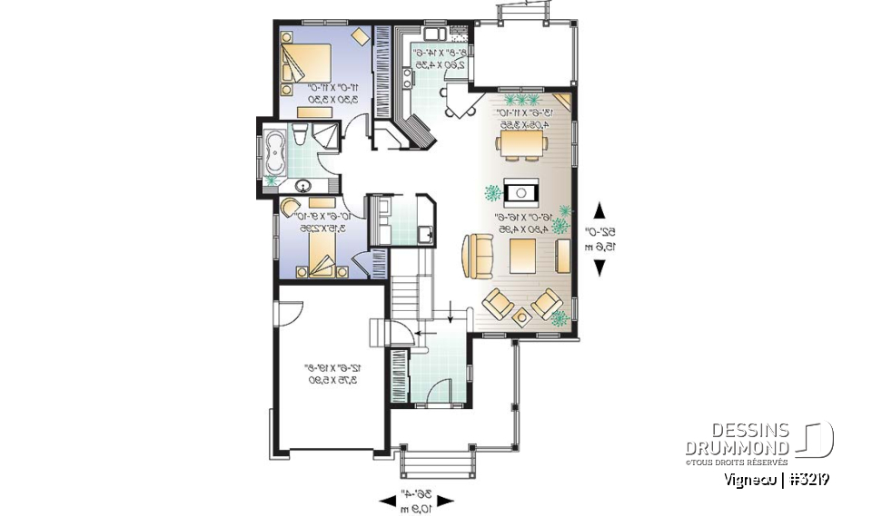 Rez-de-chaussée - Main Floor: Entry, living room, dining room, kitchen with lunch counter and pantry, two bedrooms, laundry room - Vigneau
