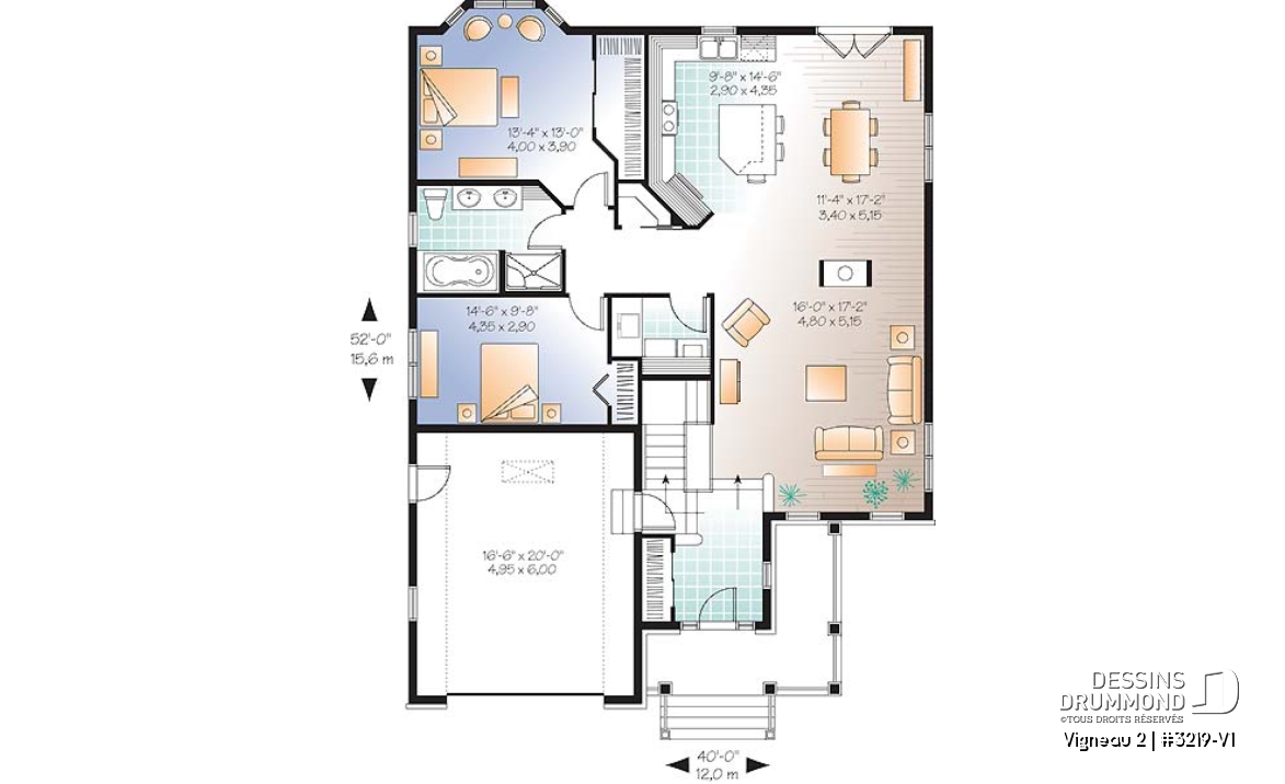Rez-de-chaussée - Plan de plain-pied avec sous-sol aménagé, 2 à 4 chambres, 2 salles de bain, grande cuisine, foyer - Vigneau 2