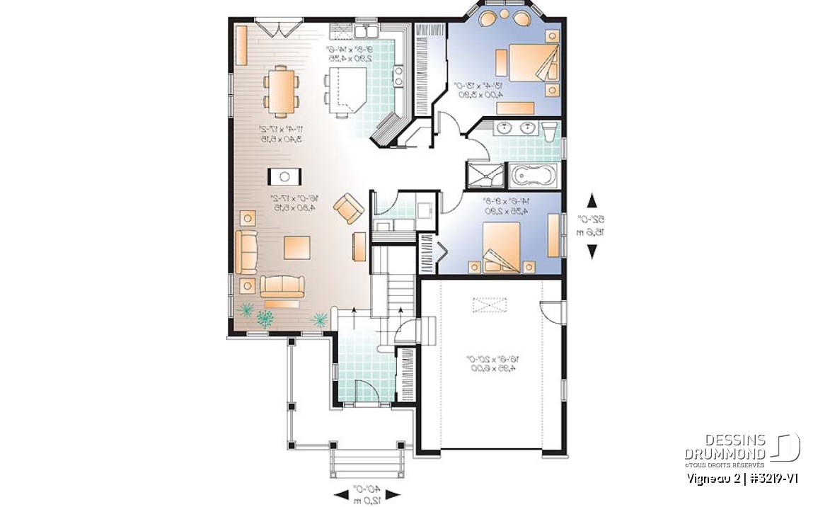 Rez-de-chaussée - Plan de plain-pied avec sous-sol aménagé, 2 à 4 chambres, 2 salles de bain, grande cuisine, foyer - Vigneau 2