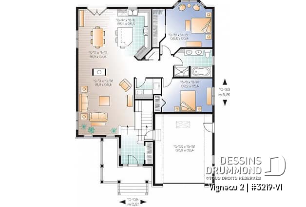 Rez-de-chaussée - Plan de plain-pied avec sous-sol aménagé, total de 4 chambres, 2 salles de bain, grande cuisine, foyer - Vigneau 2