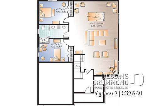 Sous-sol - Plan de plain-pied avec sous-sol aménagé, total de 4 chambres, 2 salles de bain, grande cuisine, foyer - Vigneau 2