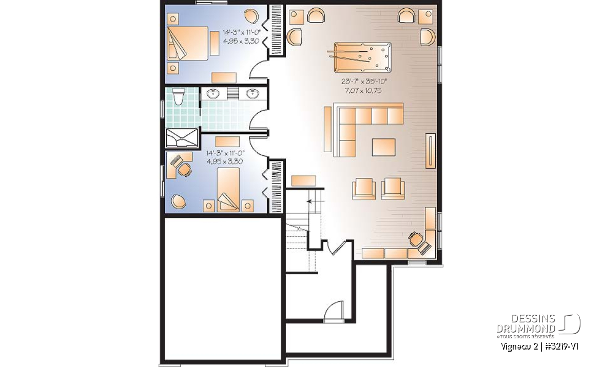 Sous-sol aménagé (Optionel $) - Plan de plain-pied avec sous-sol aménagé, 2 à 4 chambres, 2 salles de bain, grande cuisine, foyer - Vigneau 2