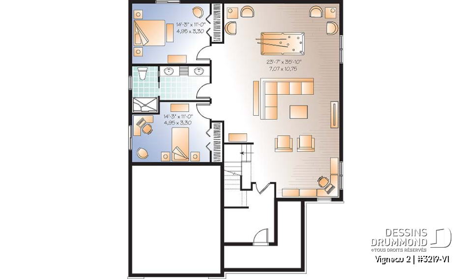 Sous-sol aménagé (Optionel $) - Plan de plain-pied avec sous-sol aménagé, 2 à 4 chambres, 2 salles de bain, grande cuisine, foyer - Vigneau 2