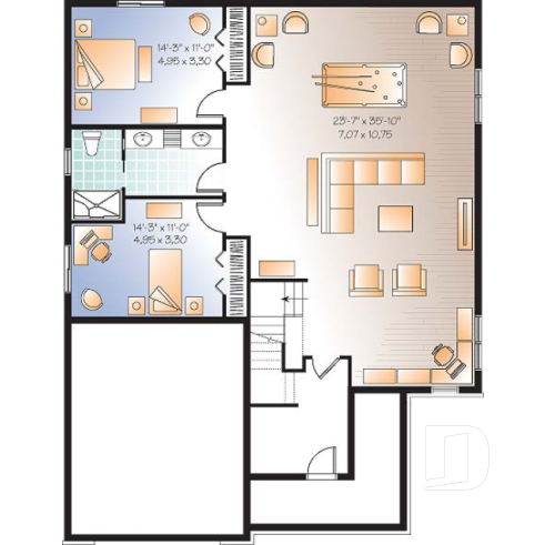 Sous-sol aménagé (Optionel $) - Plan de plain-pied avec sous-sol aménagé, 2 à 4 chambres, 2 salles de bain, grande cuisine, foyer - Vigneau 2