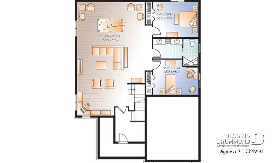 Sous-sol aménagé (Optionel $) - Plan de plain-pied avec sous-sol aménagé, 2 à 4 chambres, 2 salles de bain, grande cuisine, foyer - Vigneau 2