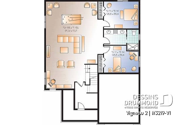Sous-sol - Plan de plain-pied avec sous-sol aménagé, total de 4 chambres, 2 salles de bain, grande cuisine, foyer - Vigneau 2