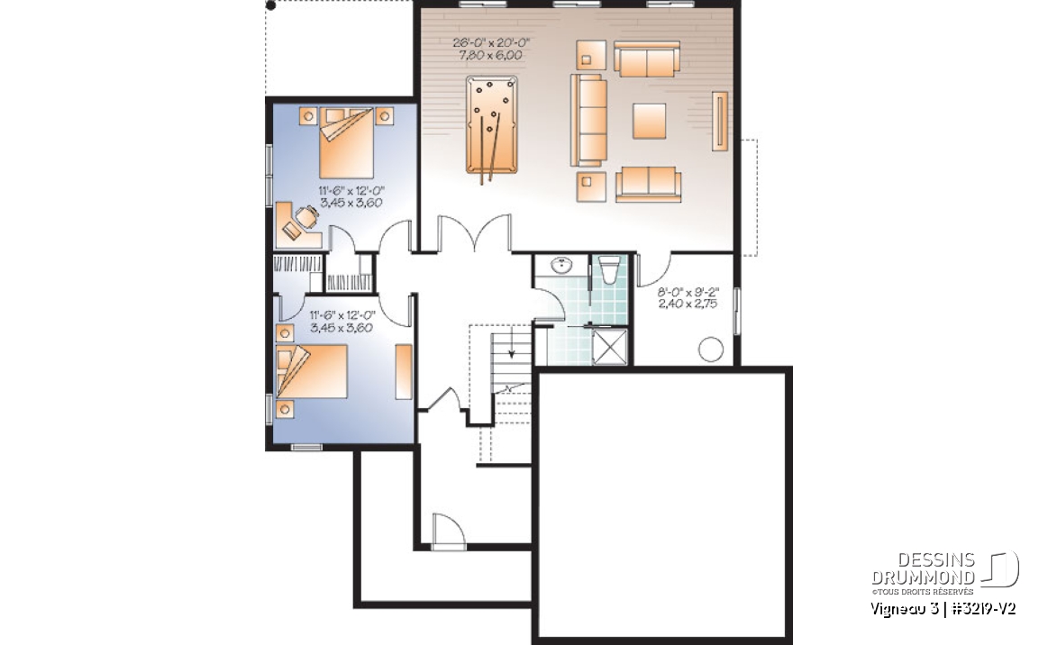 Sous-sol - Plan de plain-pied 1 à 3 chambres, garage double, 2 salons, buanderie au premier, superbe chambre des parents - Vigneau 3
