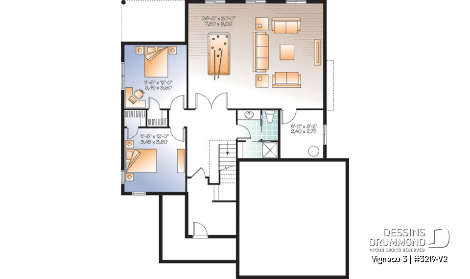 Sous-sol - Plan de plain-pied 1 à 3 chambres, garage double, 2 salons, buanderie au premier, superbe chambre des parents - Vigneau 3