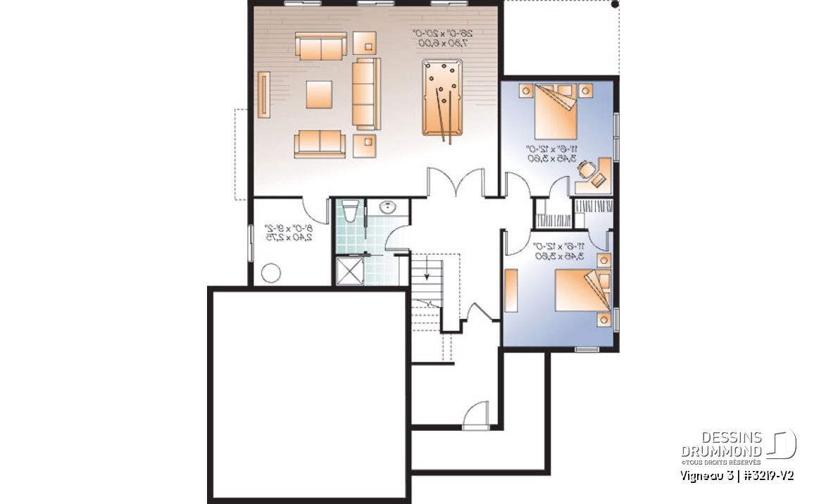 Sous-sol - Plan de plain-pied 1 à 3 chambres, garage double, 2 salons, buanderie au premier, superbe chambre des parents - Vigneau 3