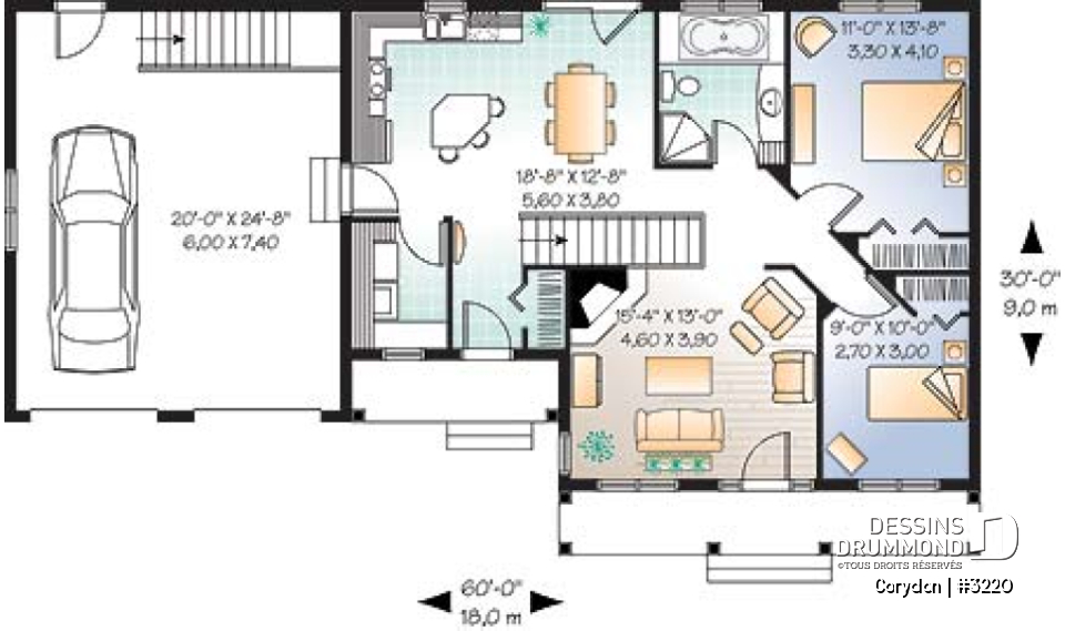 Rez-de-chaussée - Maison style Ranch avec garage double et sous-sol à aménager, 2 chambres - Corydon