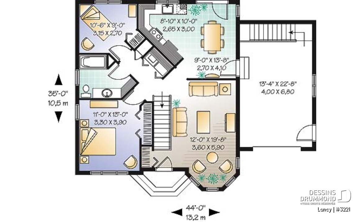 Rez-de-chaussée - Plan de bungalow économique, 2 chambres, garage simple, sous-sol non fini, à aménager - Lancy