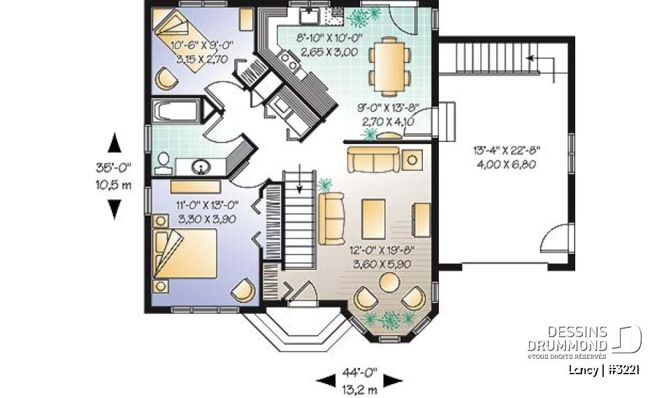Rez-de-chaussée - Plan de bungalow économique, 2 chambres, garage simple, sous-sol non fini, à aménager - Lancy