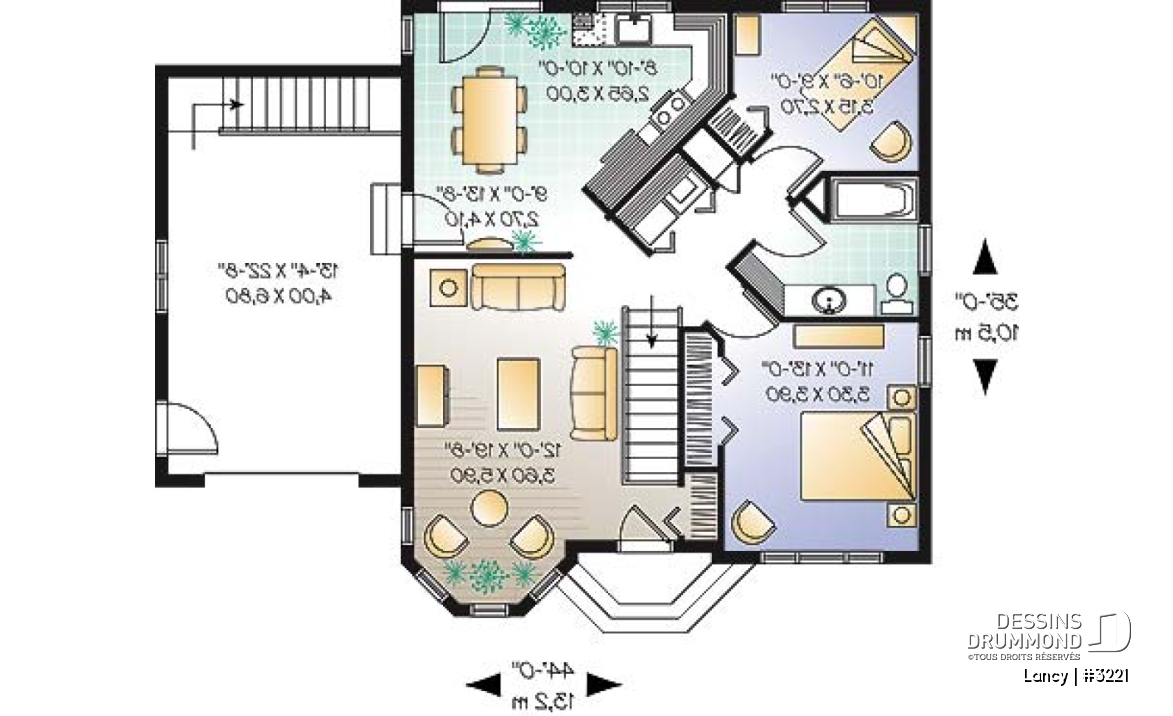 Rez-de-chaussée - Plan de bungalow économique, 2 chambres, garage simple, sous-sol non fini, à aménager - Lancy