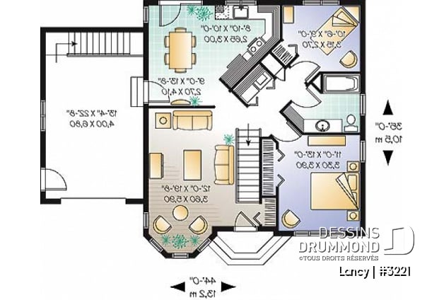 Rez-de-chaussée - Plan de bungalow économique, 2 chambres, garage simple, sous-sol non fini, à aménager - Lancy