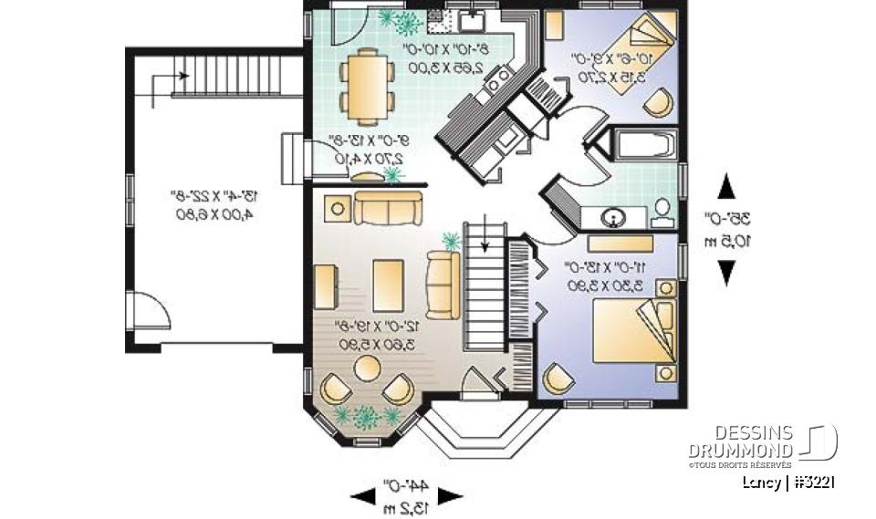 Rez-de-chaussée - Plan de bungalow économique, 2 chambres, garage simple, sous-sol non fini, à aménager - Lancy
