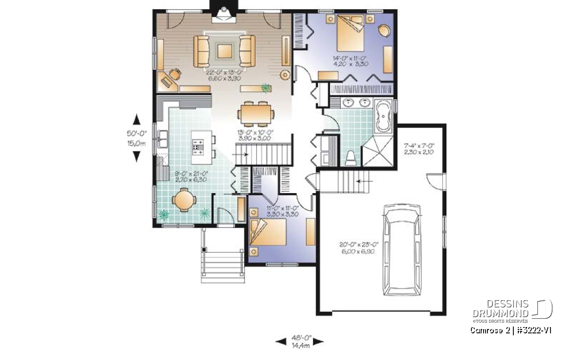 Rez-de-chaussée - Plan de bungalow Craftwsman 2 chambres, coin déjeuner, séjour de grand format, foyer, garage double - Camrose 2