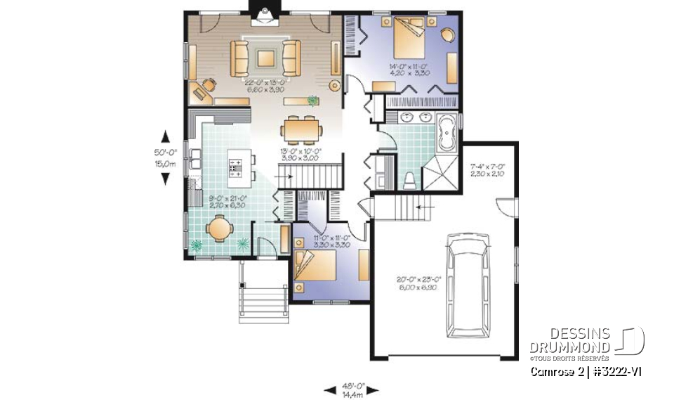 Rez-de-chaussée - Plan de bungalow Craftwsman 2 chambres, coin déjeuner, séjour de grand format, foyer, garage double - Camrose 2