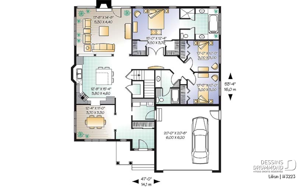 Rez-de-chaussée - Plan de plain-pied avec garage double, 3 chambres et salles de bain.  Salle à manger fermée et foyer. - Lilian
