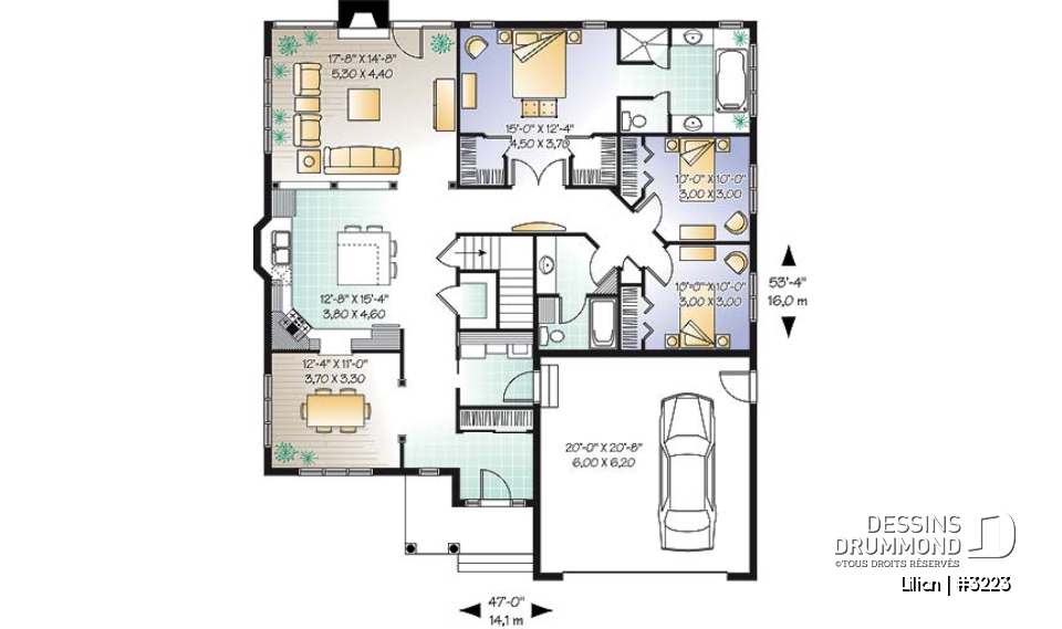 Rez-de-chaussée - Plan de plain-pied avec garage double, 3 chambres et salles de bain.  Salle à manger fermée et foyer. - Lilian