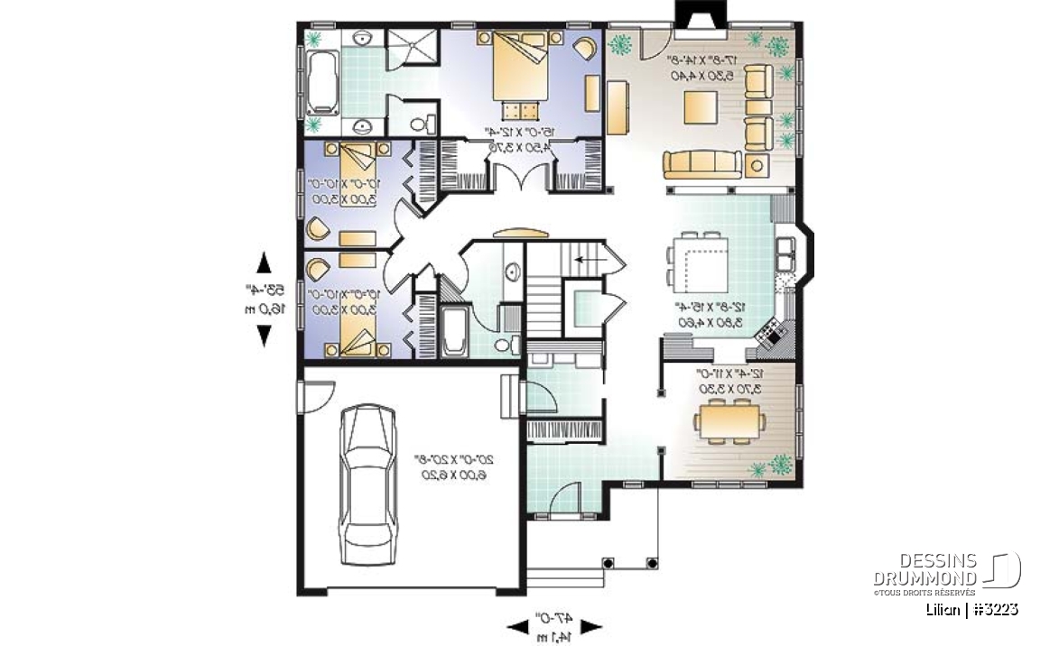 Rez-de-chaussée - Plan de plain-pied avec garage double, 3 chambres et salles de bain.  Salle à manger fermée et foyer. - Lilian