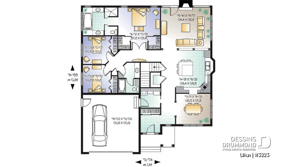 Rez-de-chaussée - Plan de plain-pied avec garage double, 3 chambres et salles de bain.  Salle à manger fermée et foyer. - Lilian
